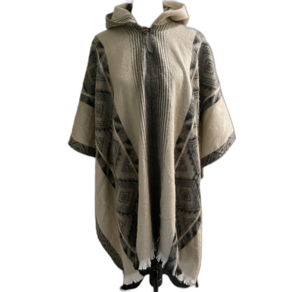 Alpaca Hooded Poncho Aztec Blanket Wrap Southwestern Boho Gray One Size